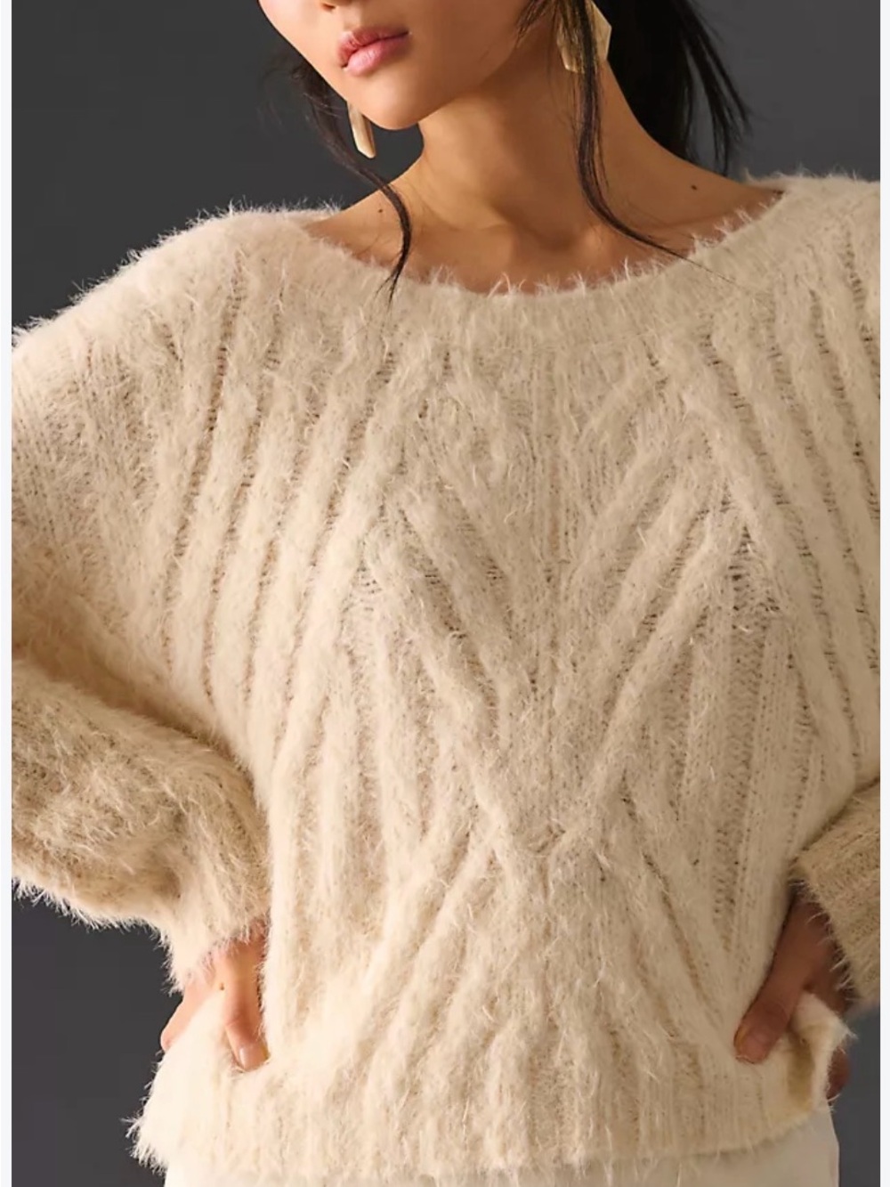 Anthropologie Cream Fuzzy Cable-Detail Boatneck Sweater